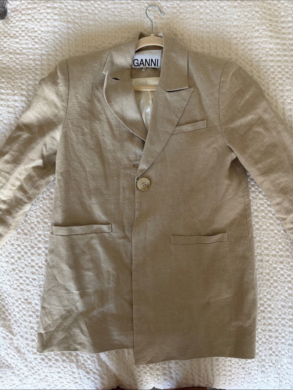 Ganni Neutral Linen-Blend Single-Button Blazer